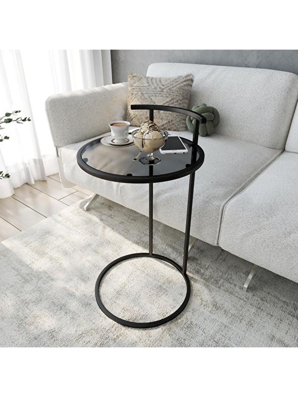 Simi Camlı Yuvarlak C Sehpa - Siyah - 40 cm
