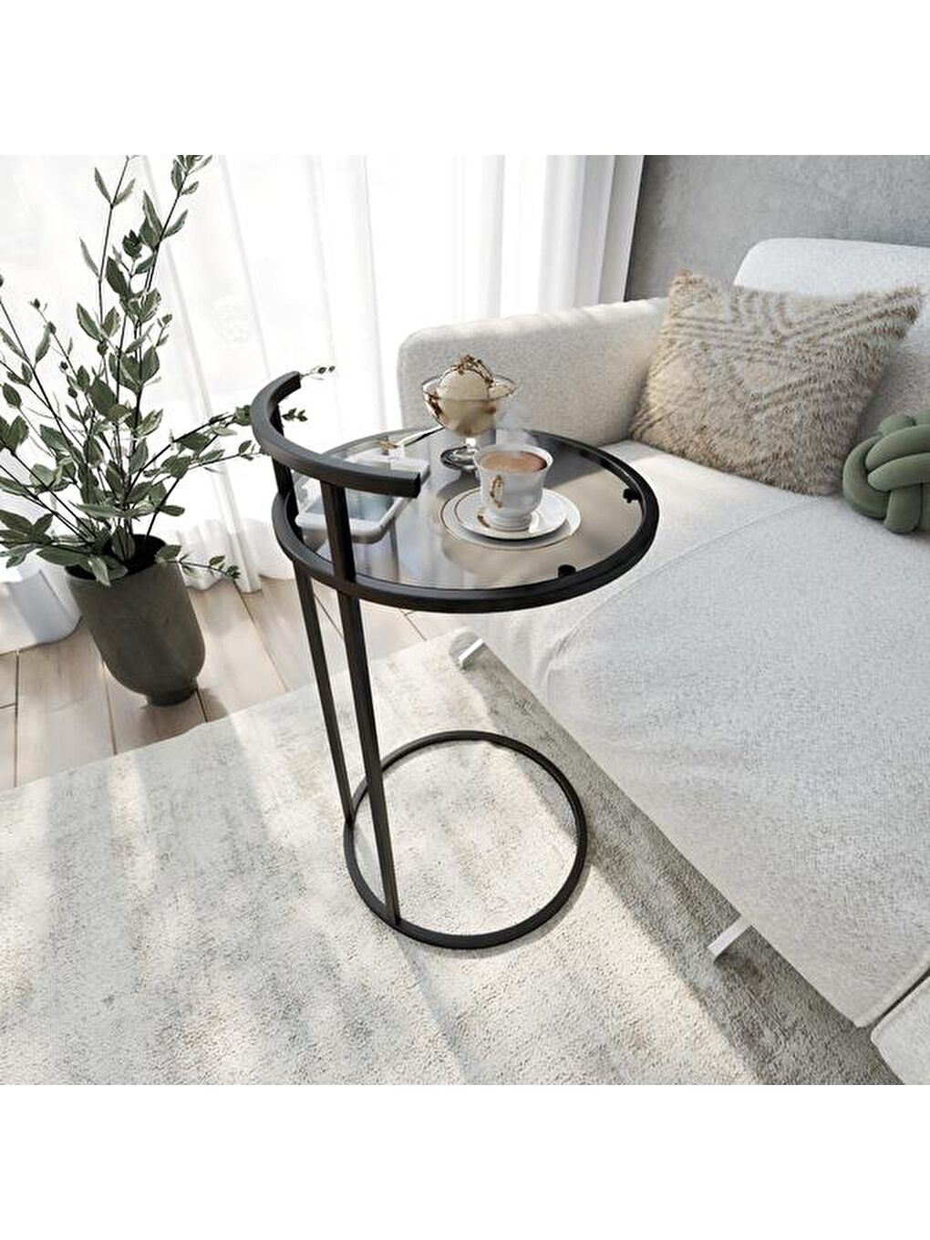 Simi Camlı Yuvarlak C Sehpa - Siyah - 40 cm-1