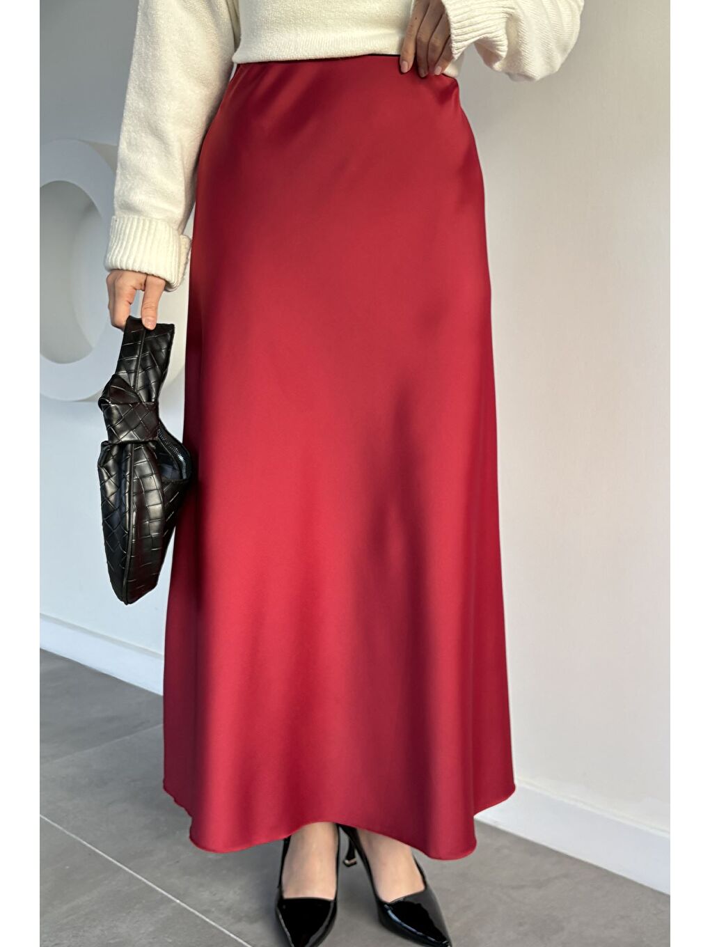 Bordo Bel Lastikli Saten Tesettür Etek-1