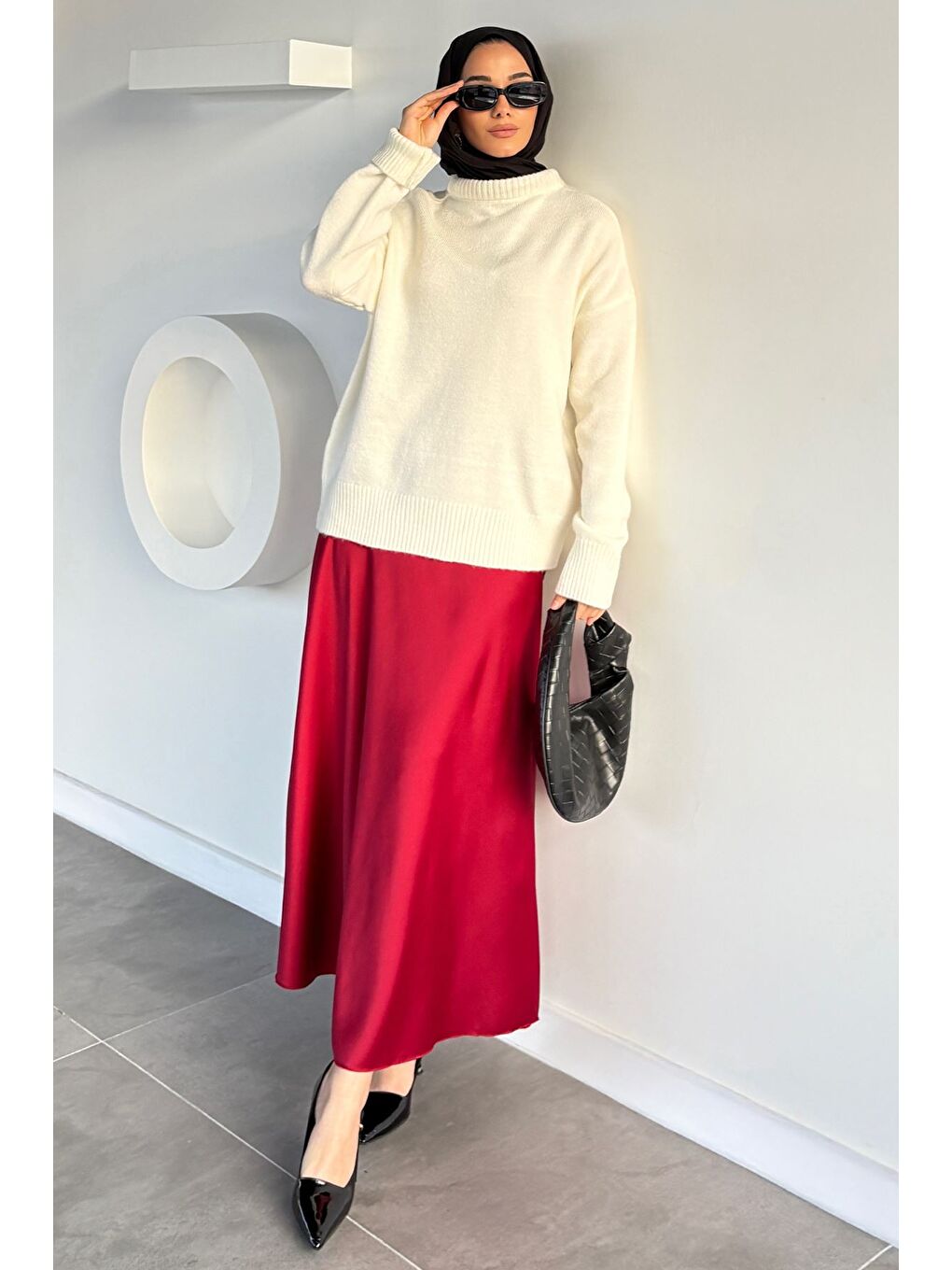 Bordo Bel Lastikli Saten Tesettür Etek-2