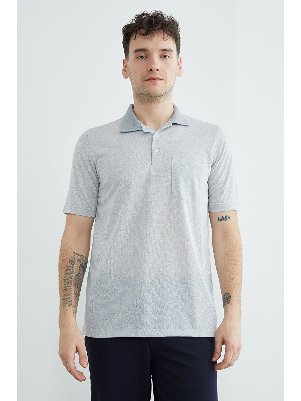 Gri Desenli Düğmeli Polo Yaka Tek Cepli Tişört-2