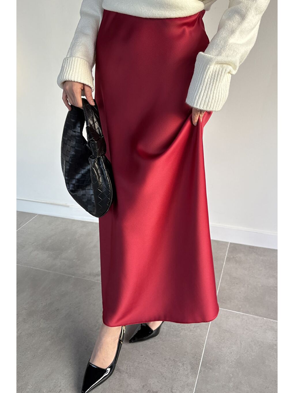 Bordo Bel Lastikli Saten Tesettür Etek-4