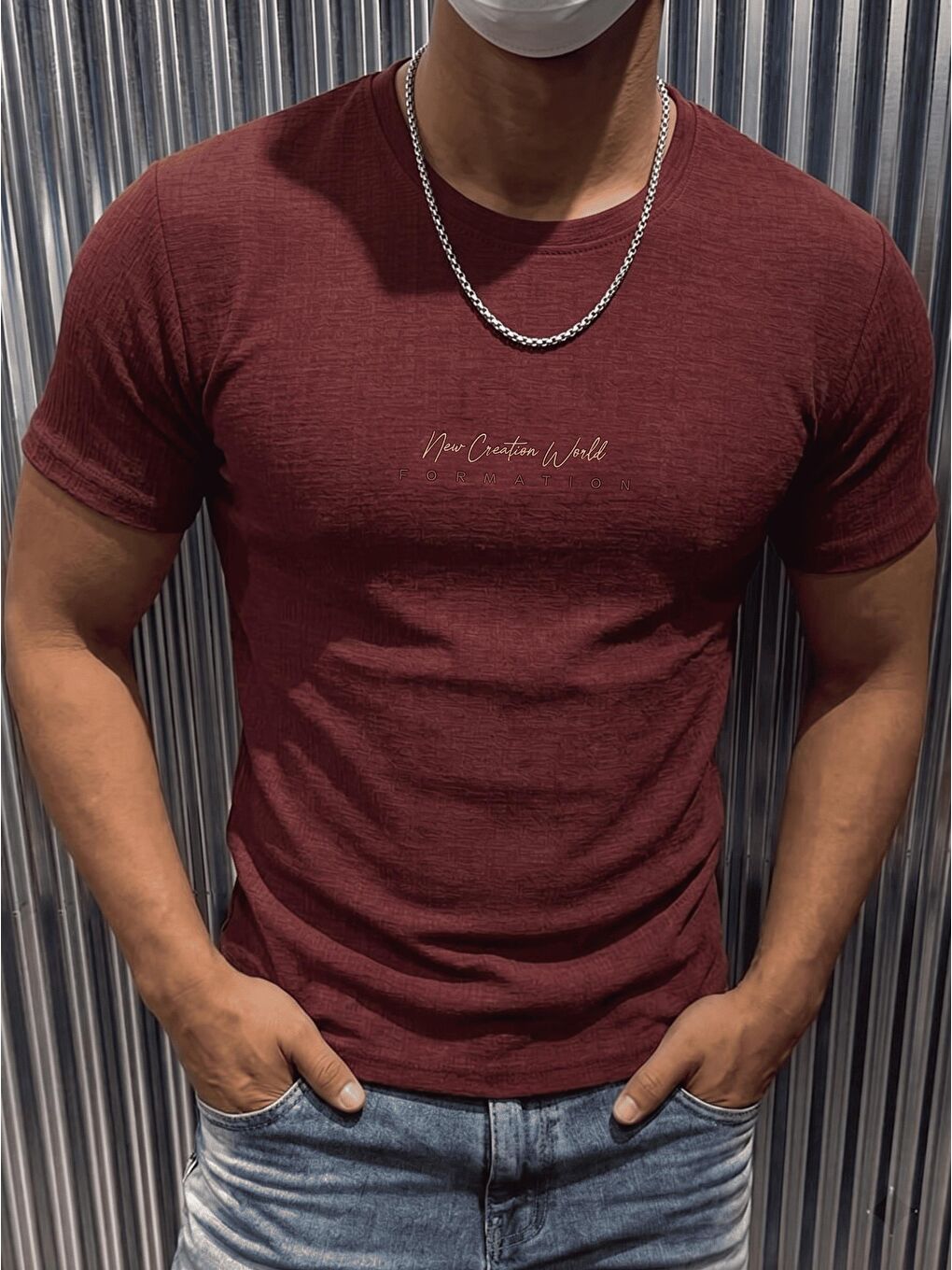 Bordo Formation Flok Baskılı Kabuk Desen Slim Fit Erkek Elastanlı Tişört-2