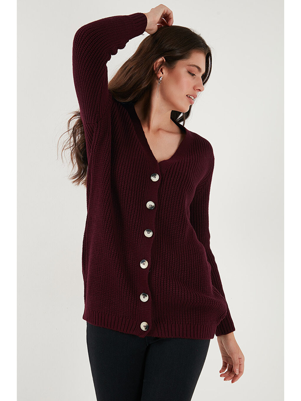 Bordo % 100 Akrilik Triko Örme Uzun Kadın Hırka 4615044-1