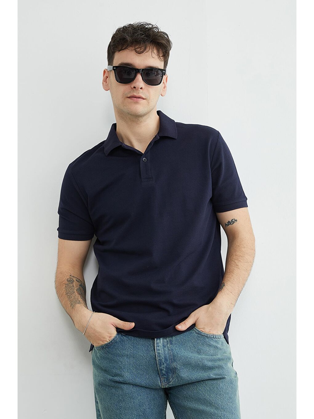Lacivert Basic Polo Yaka Pike Tişört-1