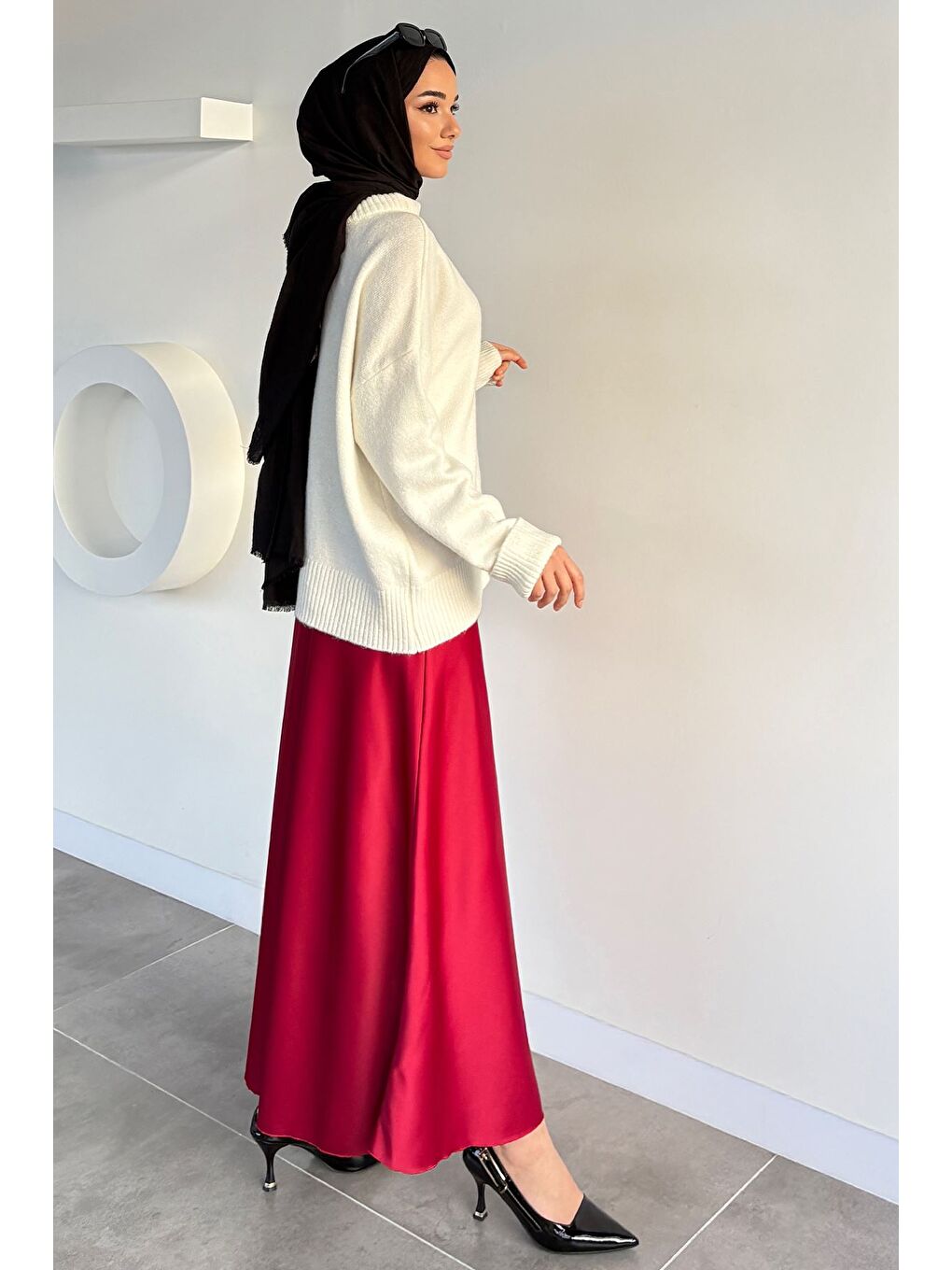 Bordo Bel Lastikli Saten Tesettür Etek-7