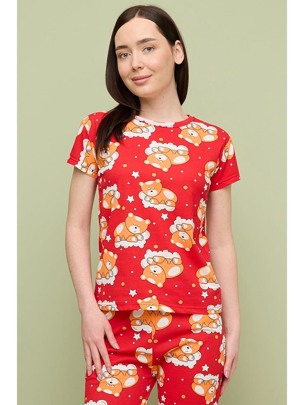 Kırmızı Kalp Desenli Bisiklet Yaka Kısa Kollu Pijama Takımı-1