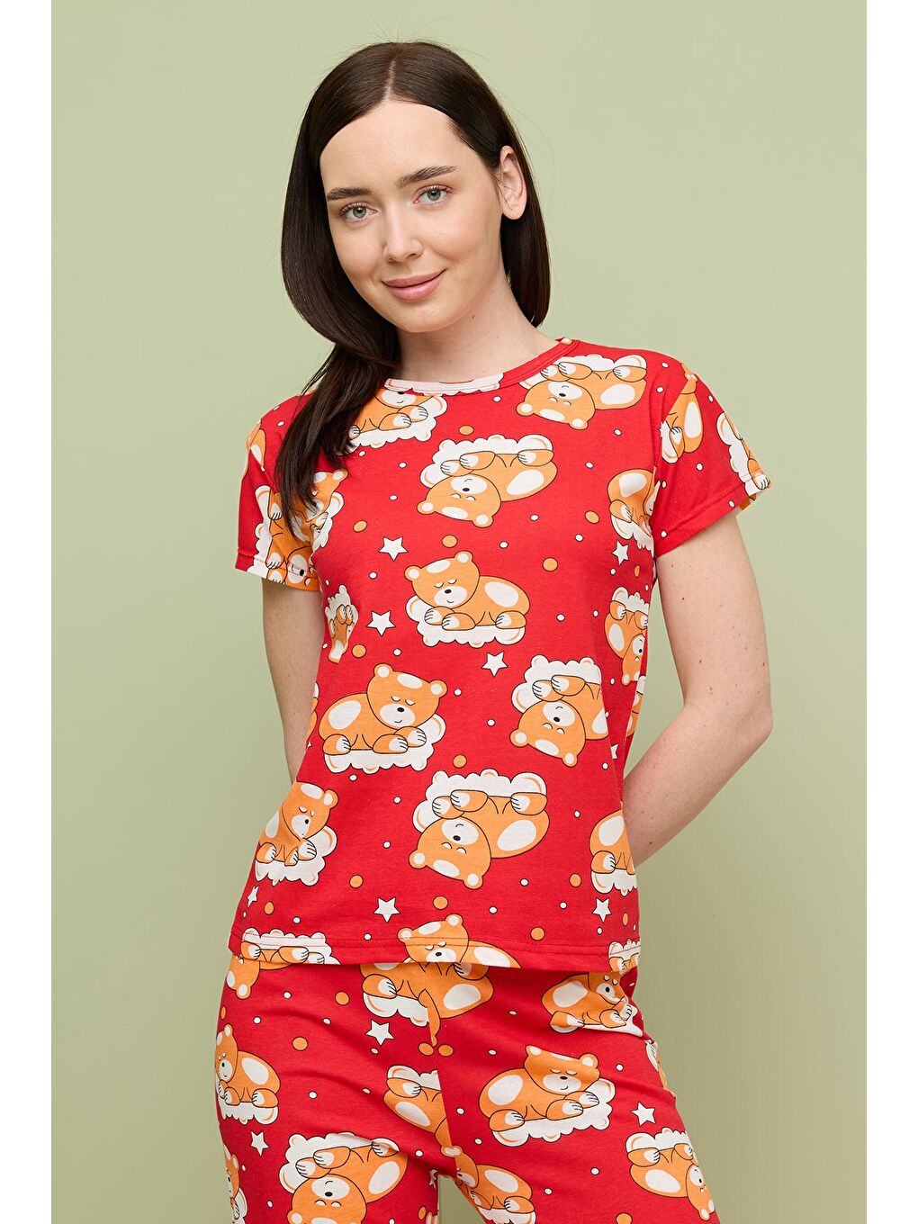 Kırmızı Kalp Desenli Bisiklet Yaka Kısa Kollu Pijama Takımı-2