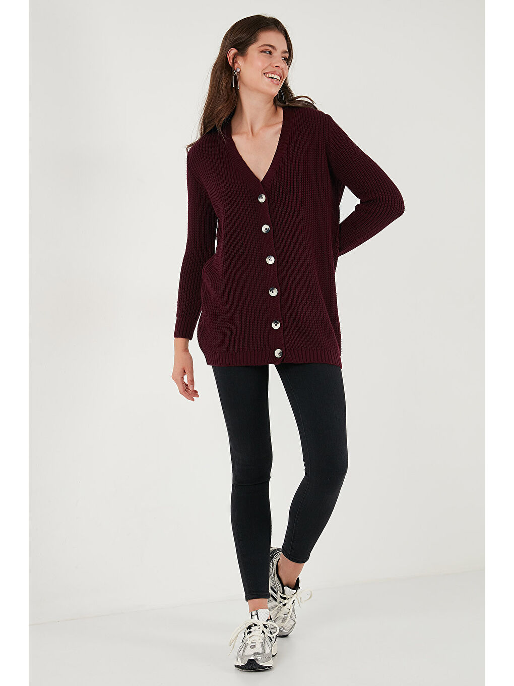 Bordo % 100 Akrilik Triko Örme Uzun Kadın Hırka 4615044-2