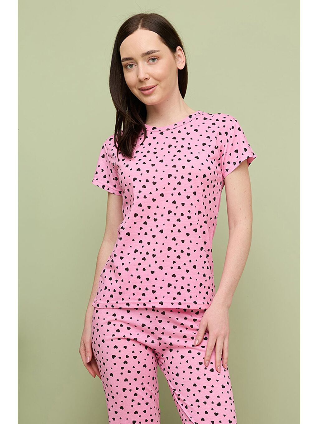 Fuşya Kalp Desenli Bisiklet Yaka Kısa Kollu Pijama Takımı-1