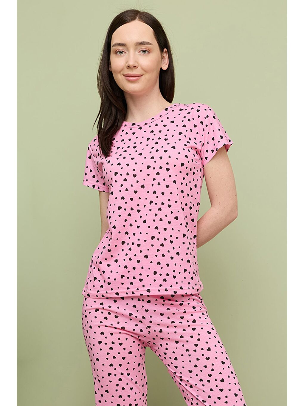 Fuşya Kalp Desenli Bisiklet Yaka Kısa Kollu Pijama Takımı-2