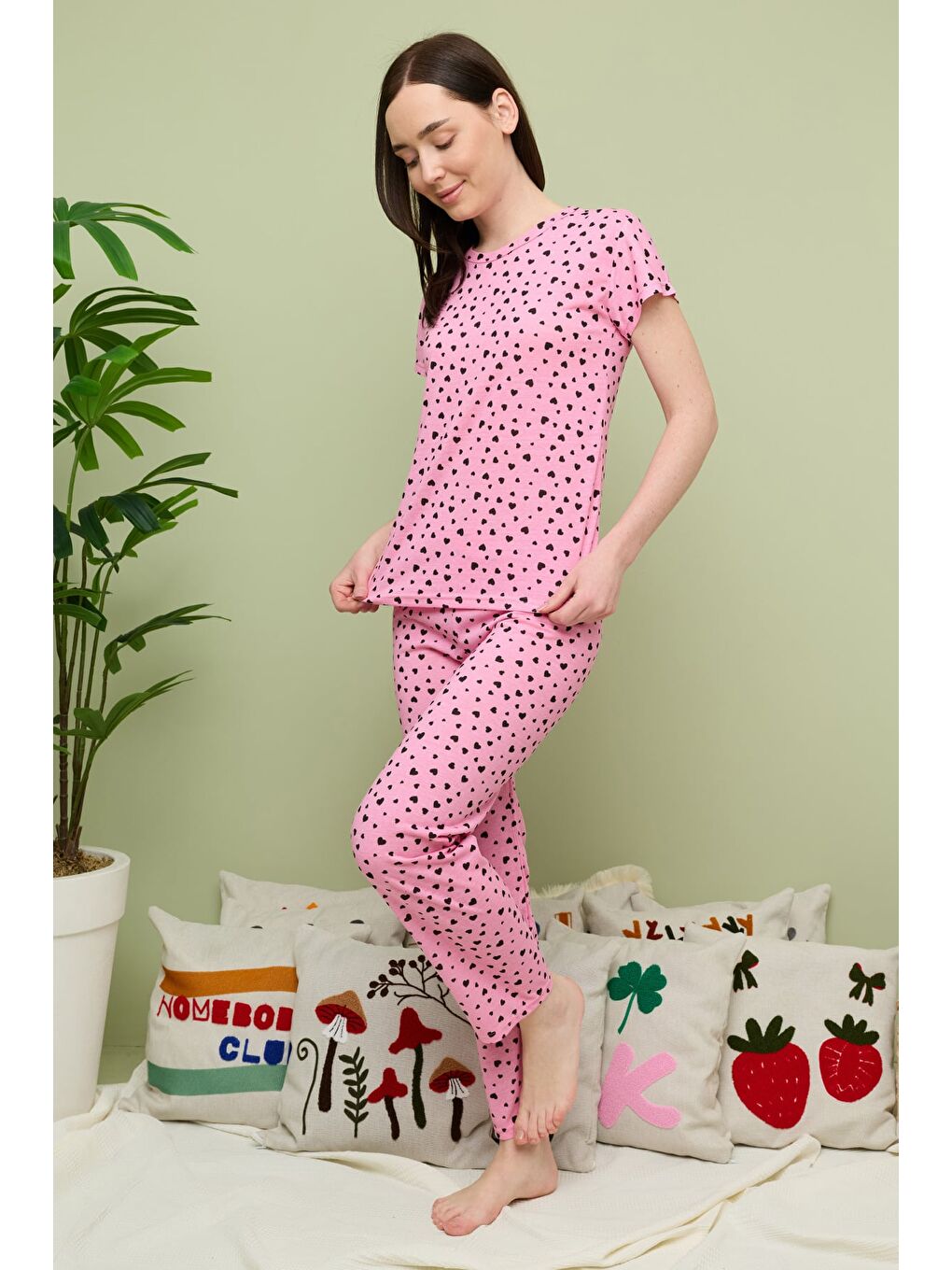 Fuşya Kalp Desenli Bisiklet Yaka Kısa Kollu Pijama Takımı-3