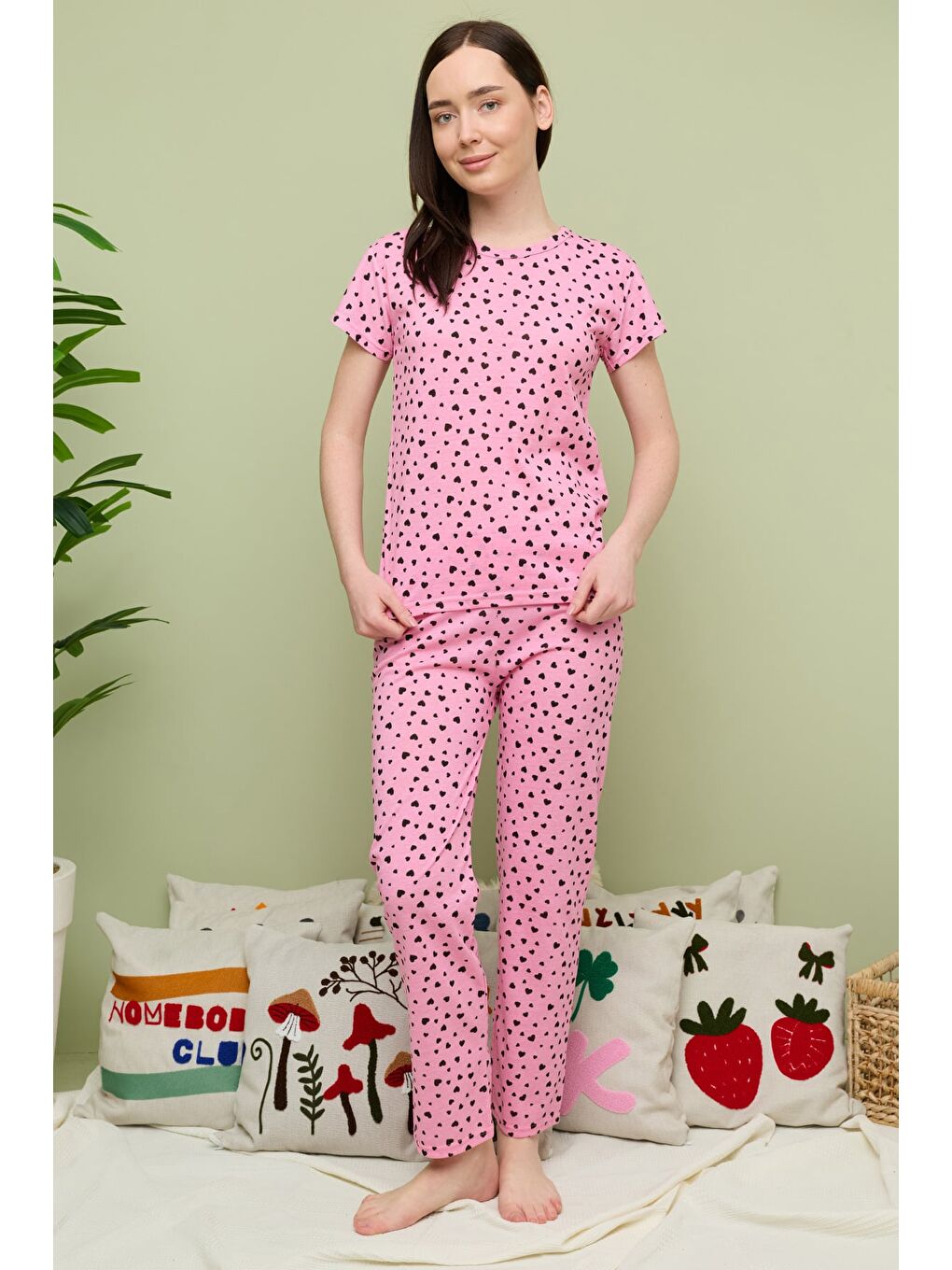 Fuşya Kalp Desenli Bisiklet Yaka Kısa Kollu Pijama Takımı-4