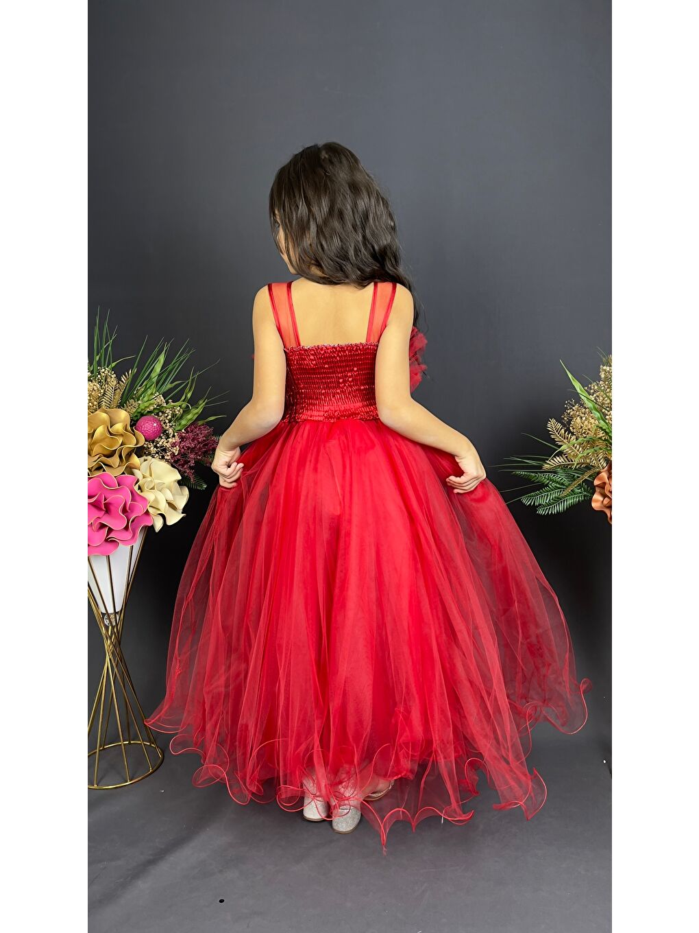 Kırmızı Kız Çocuk Robası Katlı Özel Abiye Elbise MNK0475-9