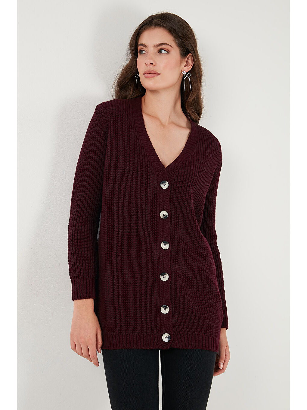 Bordo % 100 Akrilik Triko Örme Uzun Kadın Hırka 4615044-3