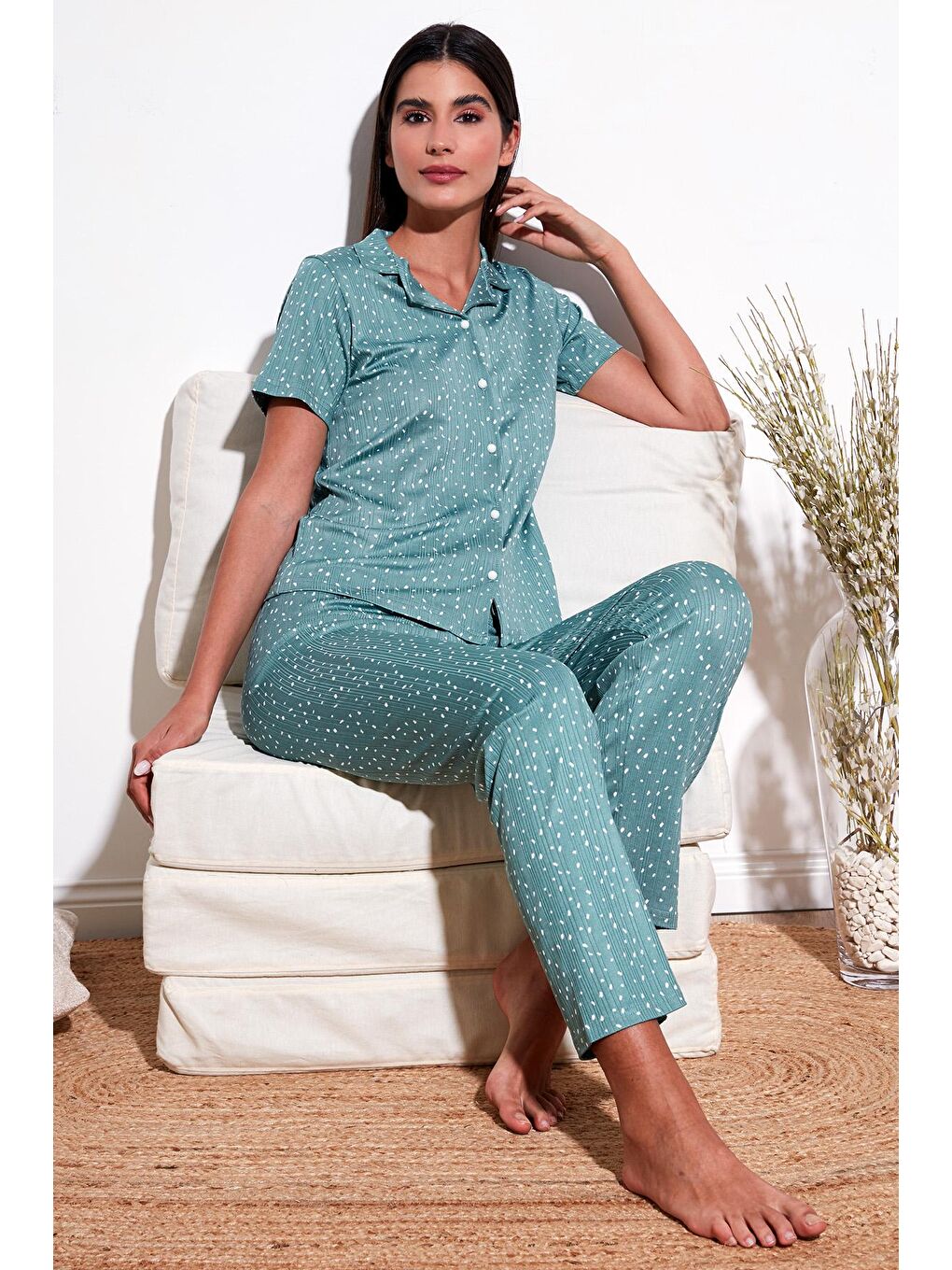 Lela Nane Yeşili Regular Fit Gömlek Yaka Kısa Kollu Pijama Takımı 65780124