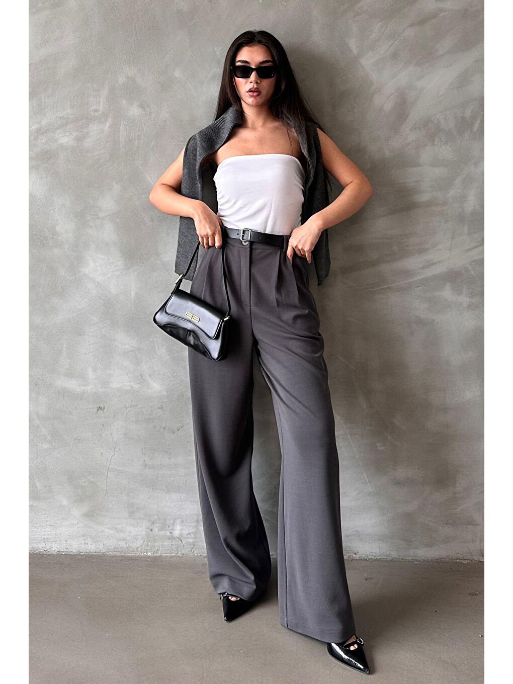 Gri Füme Çift Pileli Kemerli Pantolon Mg2330-3