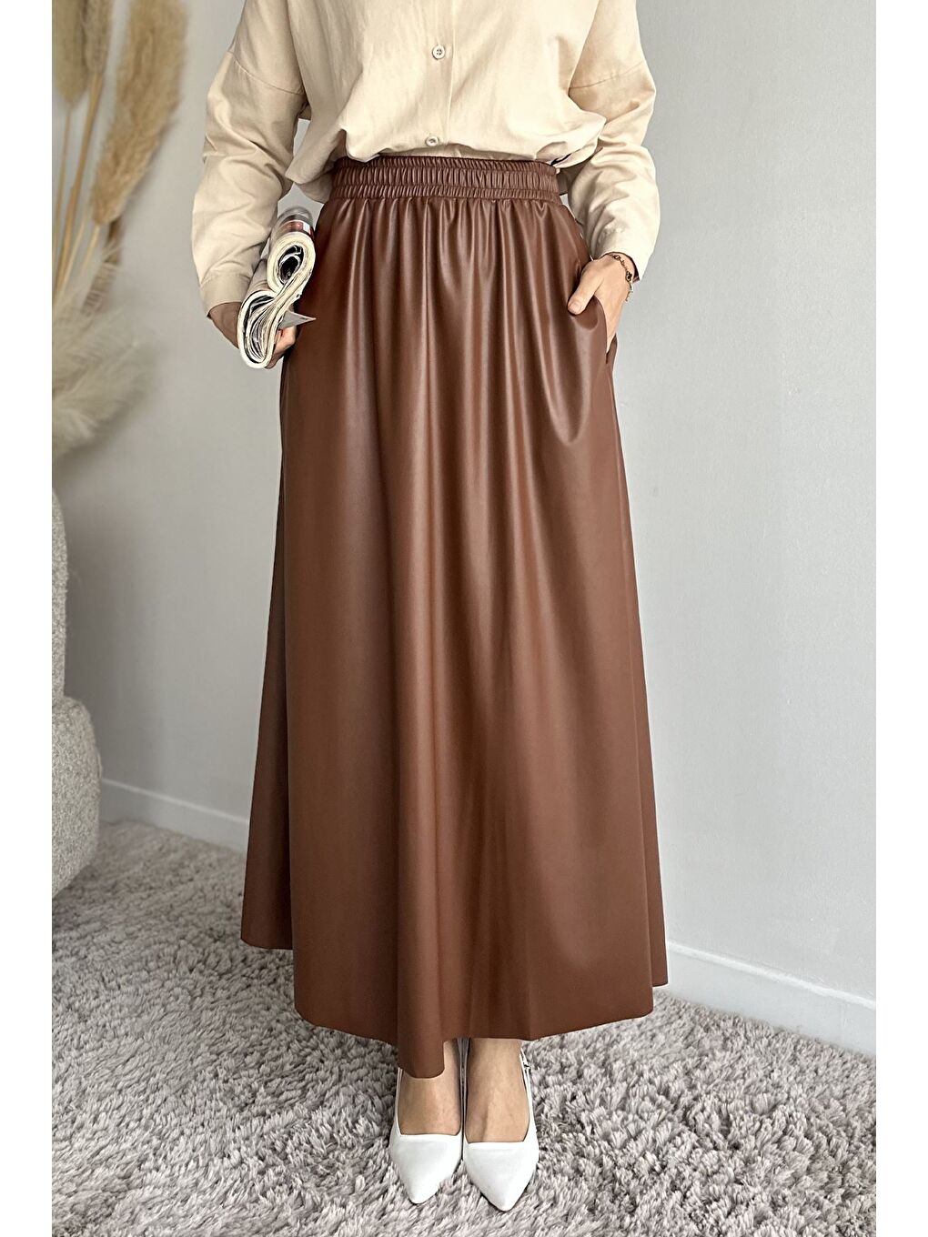 Kahverengi Bel Lastikli Cepli Deri Tesettür Etek