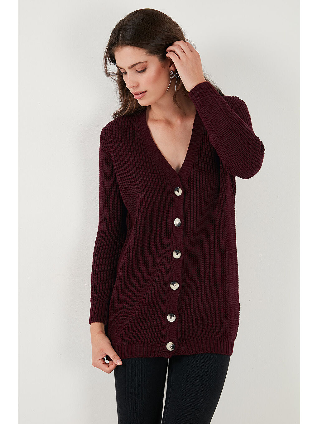 Bordo % 100 Akrilik Triko Örme Uzun Kadın Hırka 4615044-4