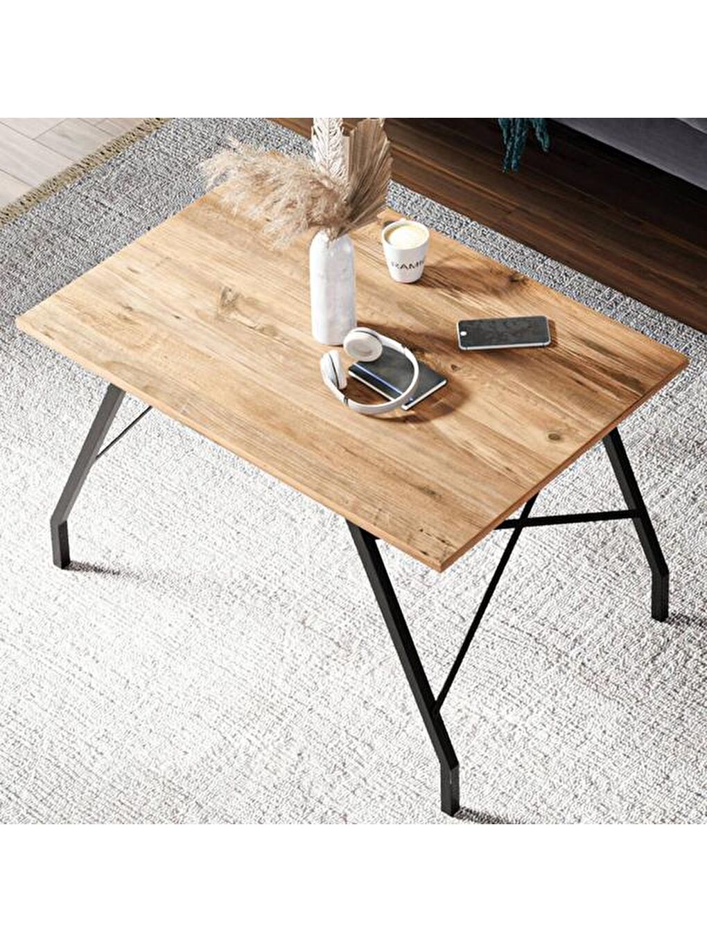 Kahverengi Metal Ayaklı Orta Sehpa - Atlantik Çam - 46x44x90 cm-2