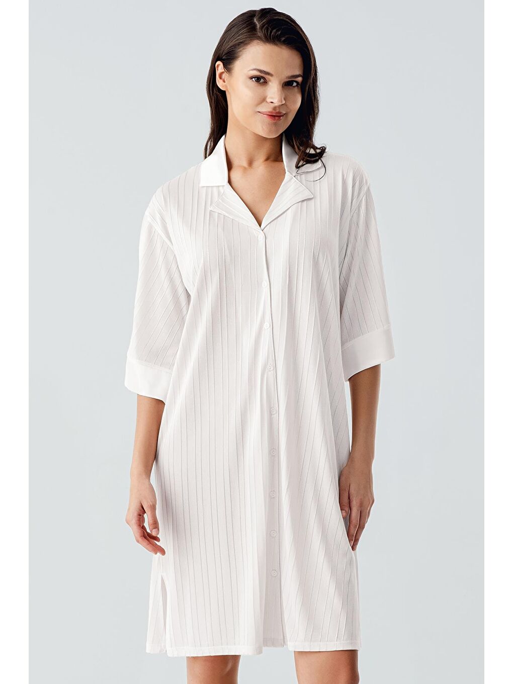 Ekru Kısa Kollu Düğmeli Esnek Viskoz Elbise 17102-1