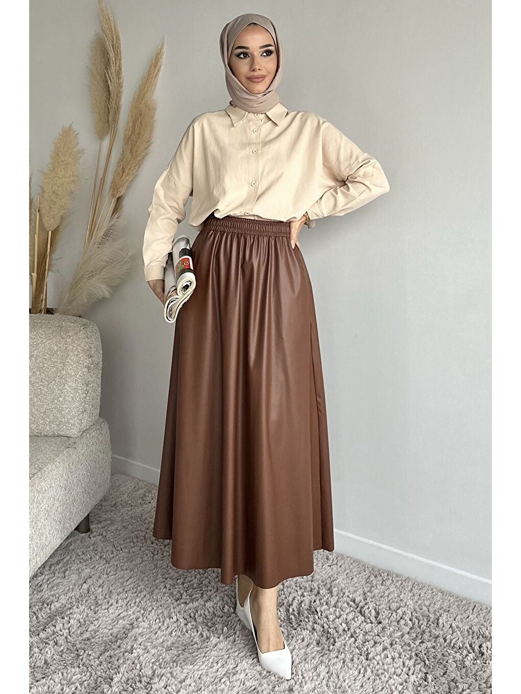 Kahverengi Bel Lastikli Cepli Deri Tesettür Etek-2