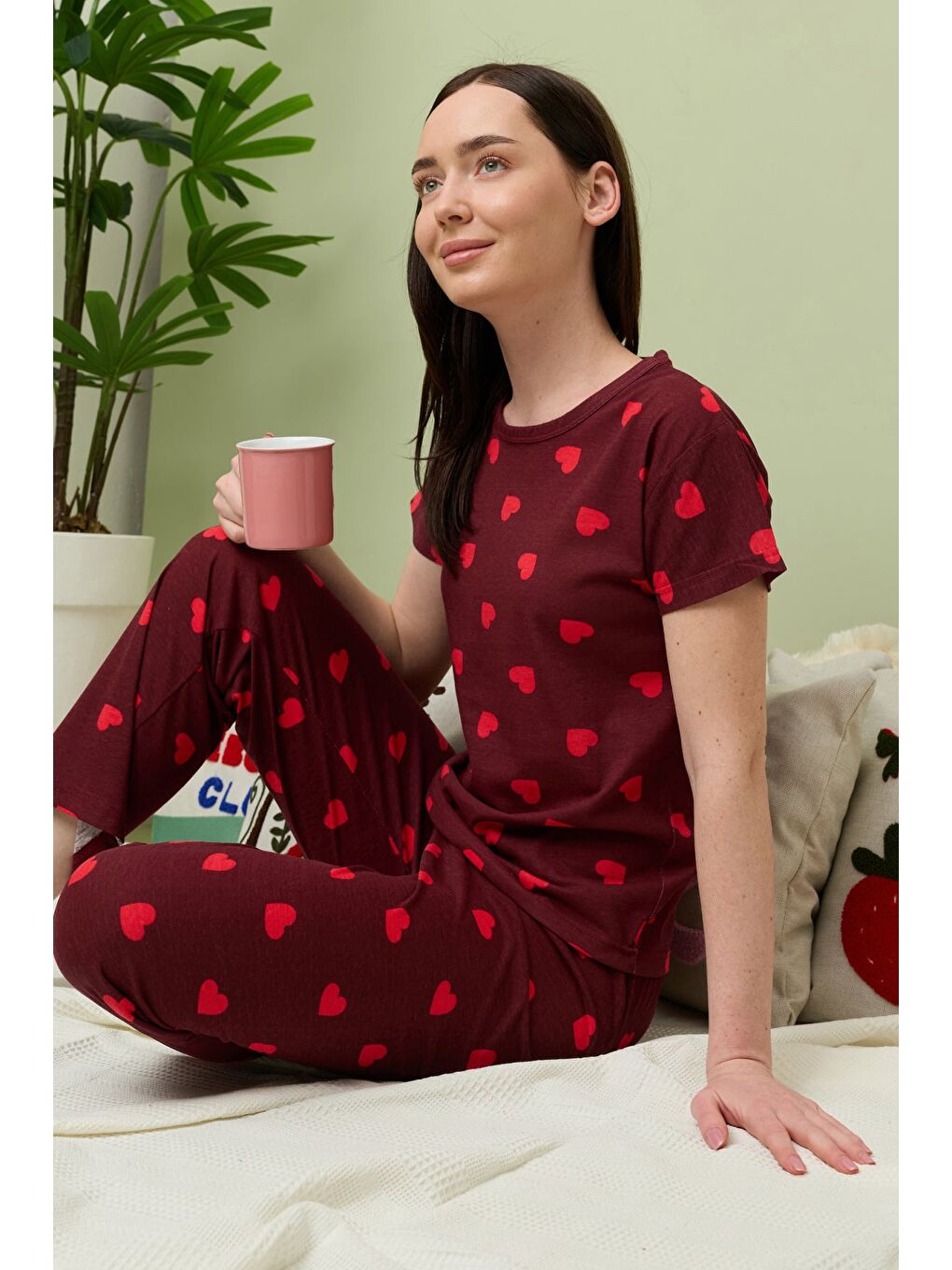 Bordo Kalp Desenli Bisiklet Yaka Kısa Kollu Pijama Takımı