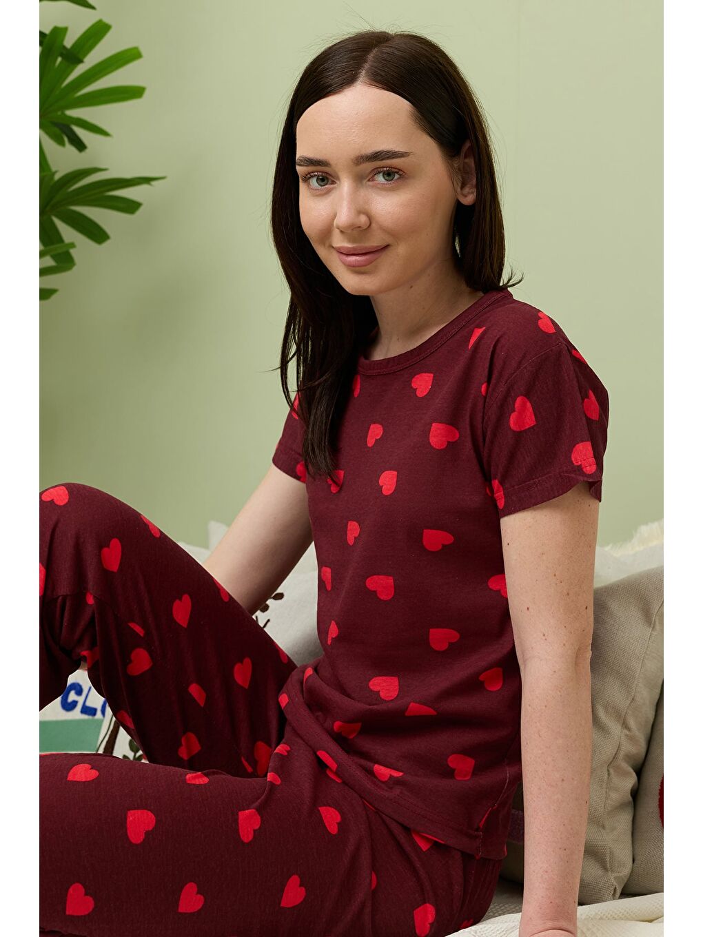 Bordo Kalp Desenli Bisiklet Yaka Kısa Kollu Pijama Takımı-1