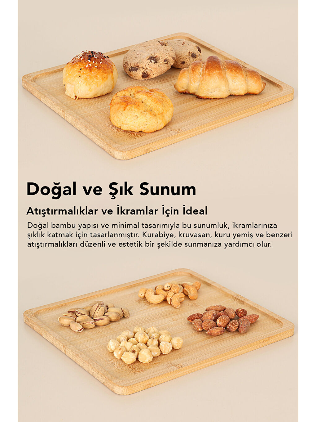 Bej 1 Adet Büyük Boy Bambu Sunumluk-1