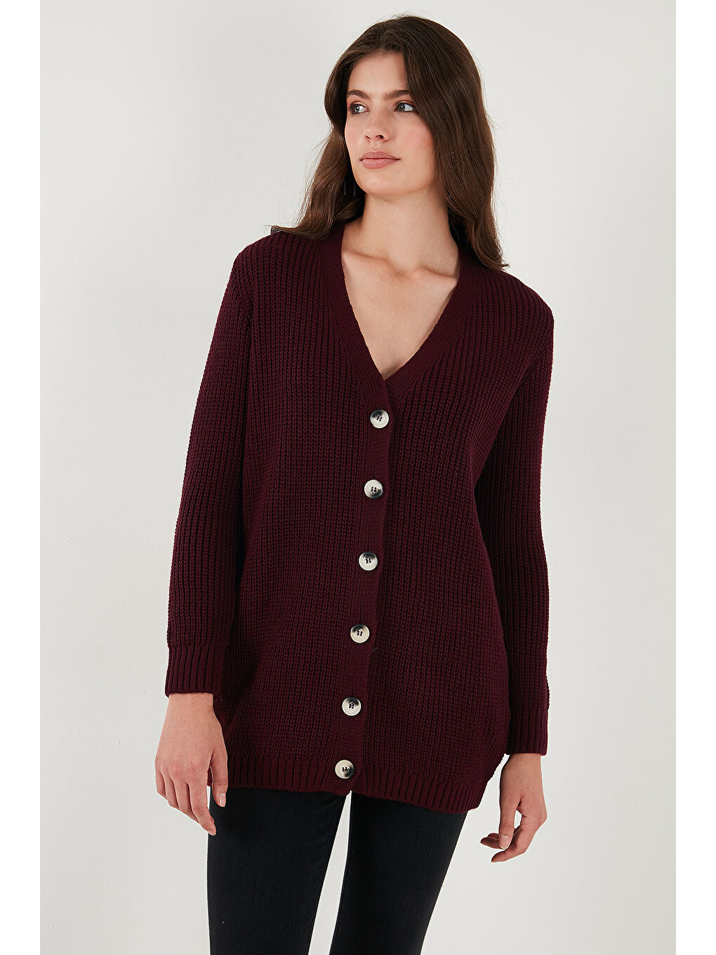 Bordo % 100 Akrilik Triko Örme Uzun Kadın Hırka 4615044-5