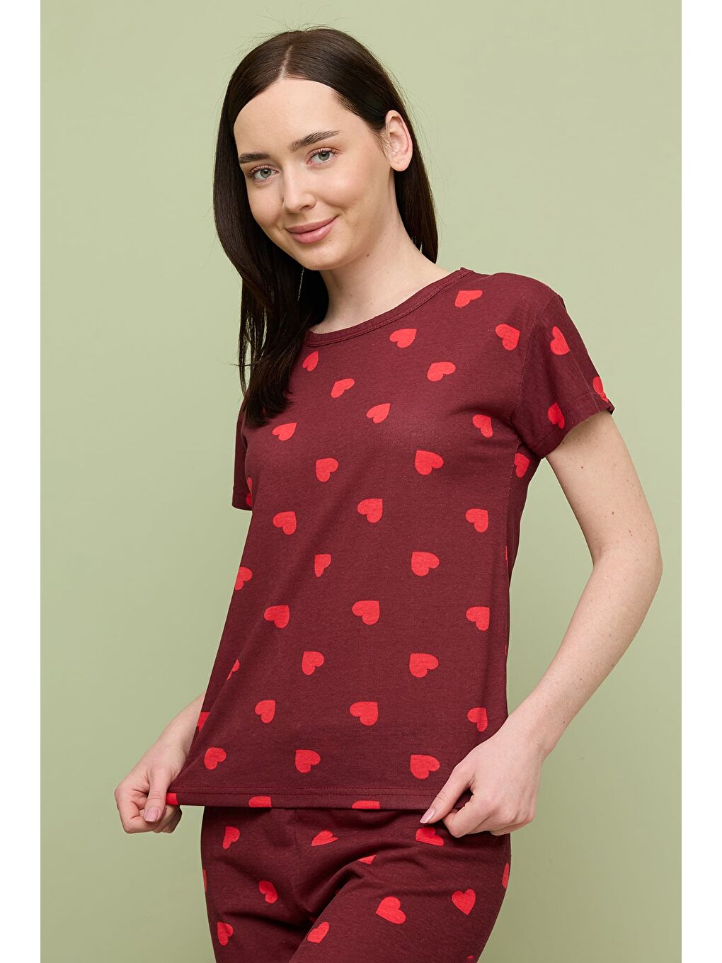 Bordo Kalp Desenli Bisiklet Yaka Kısa Kollu Pijama Takımı-4