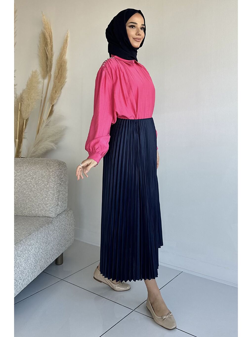 Lacivert Bel Lastikli Pileli Tesettür Etek-3