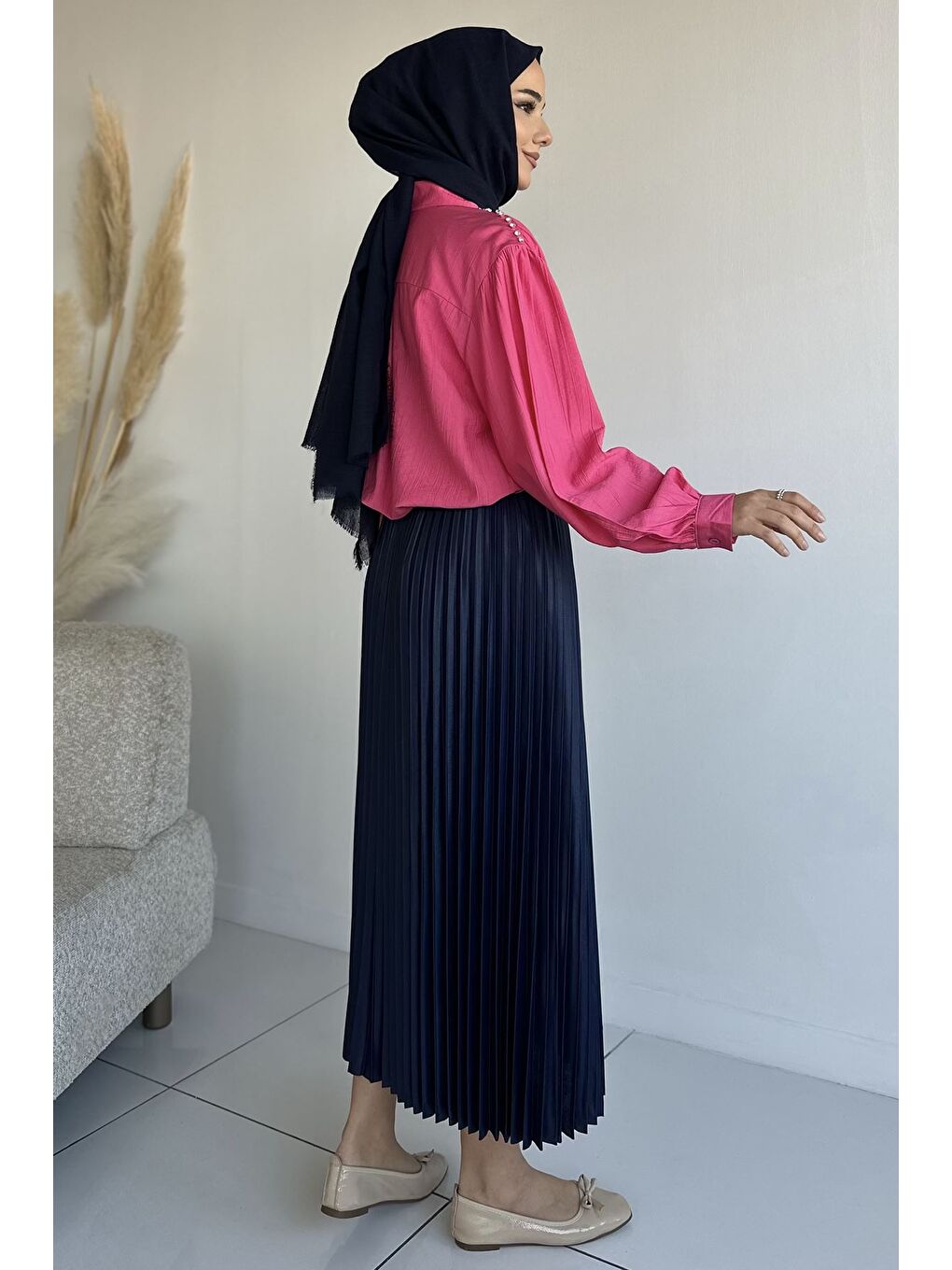 Lacivert Bel Lastikli Pileli Tesettür Etek-4