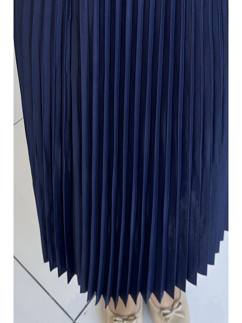 Lacivert Bel Lastikli Pileli Tesettür Etek-7