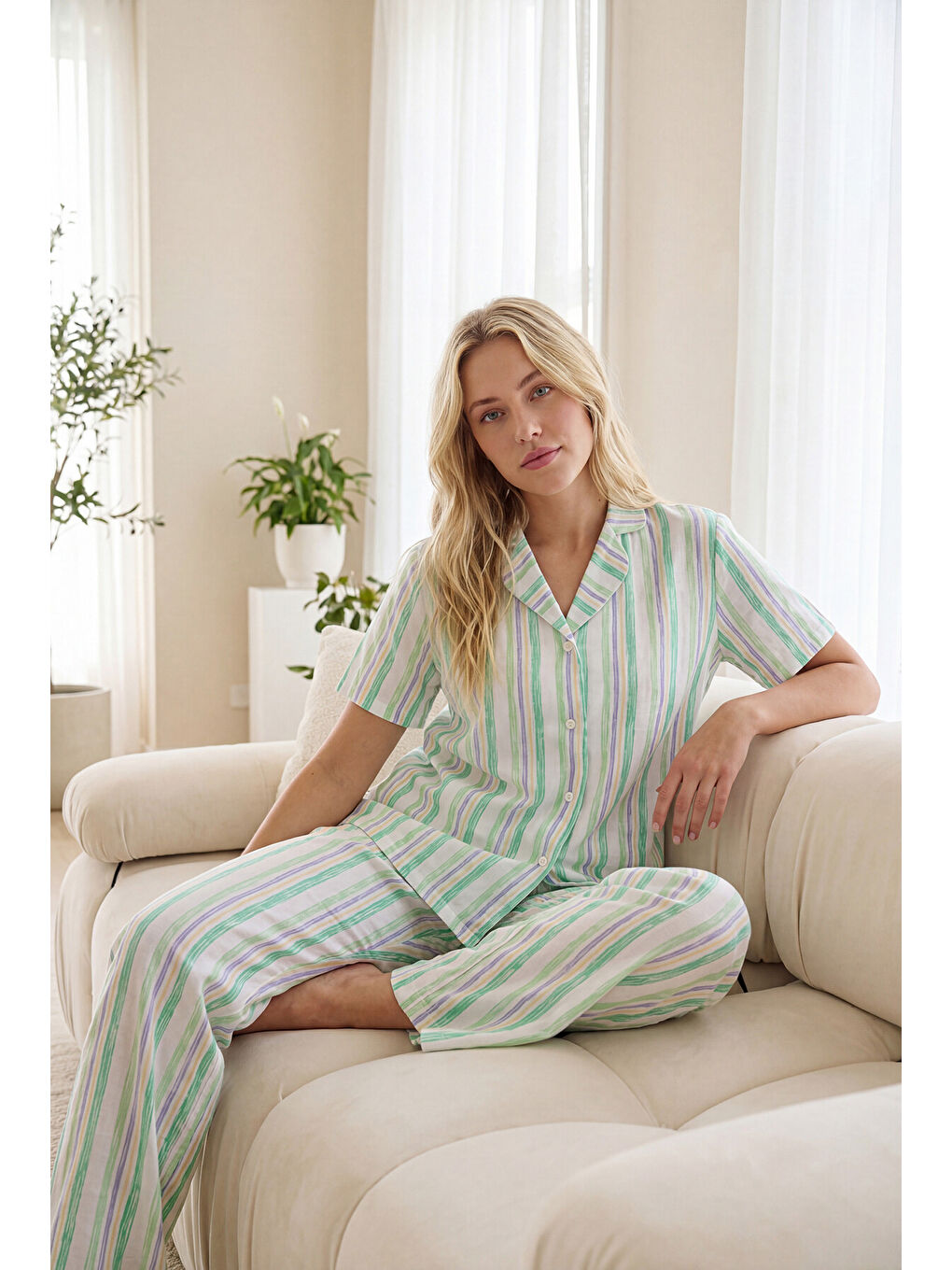 Yeşil Great Day Önden Düğmeli Pijama Takımı