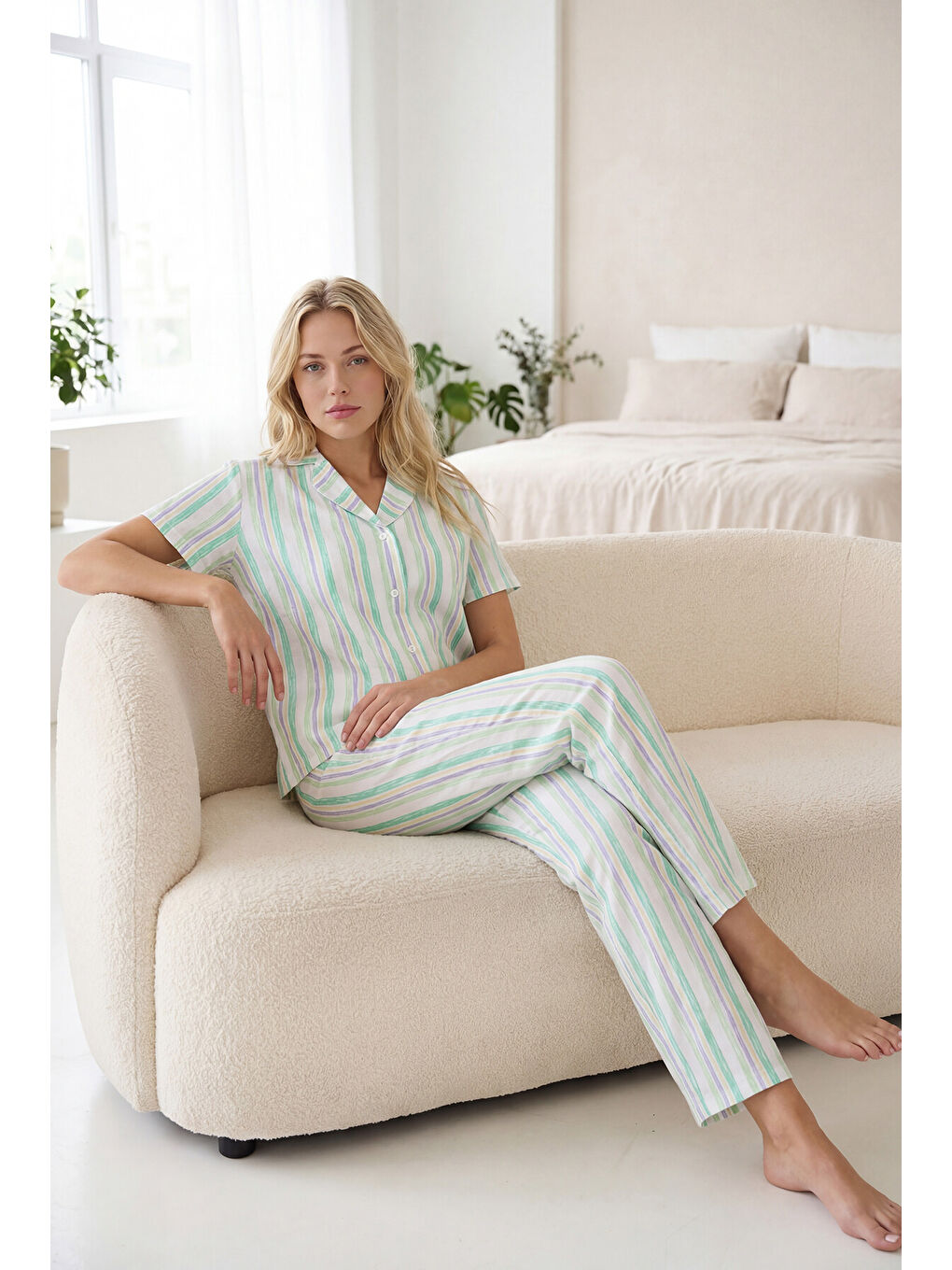 Yeşil Great Day Önden Düğmeli Pijama Takımı-1