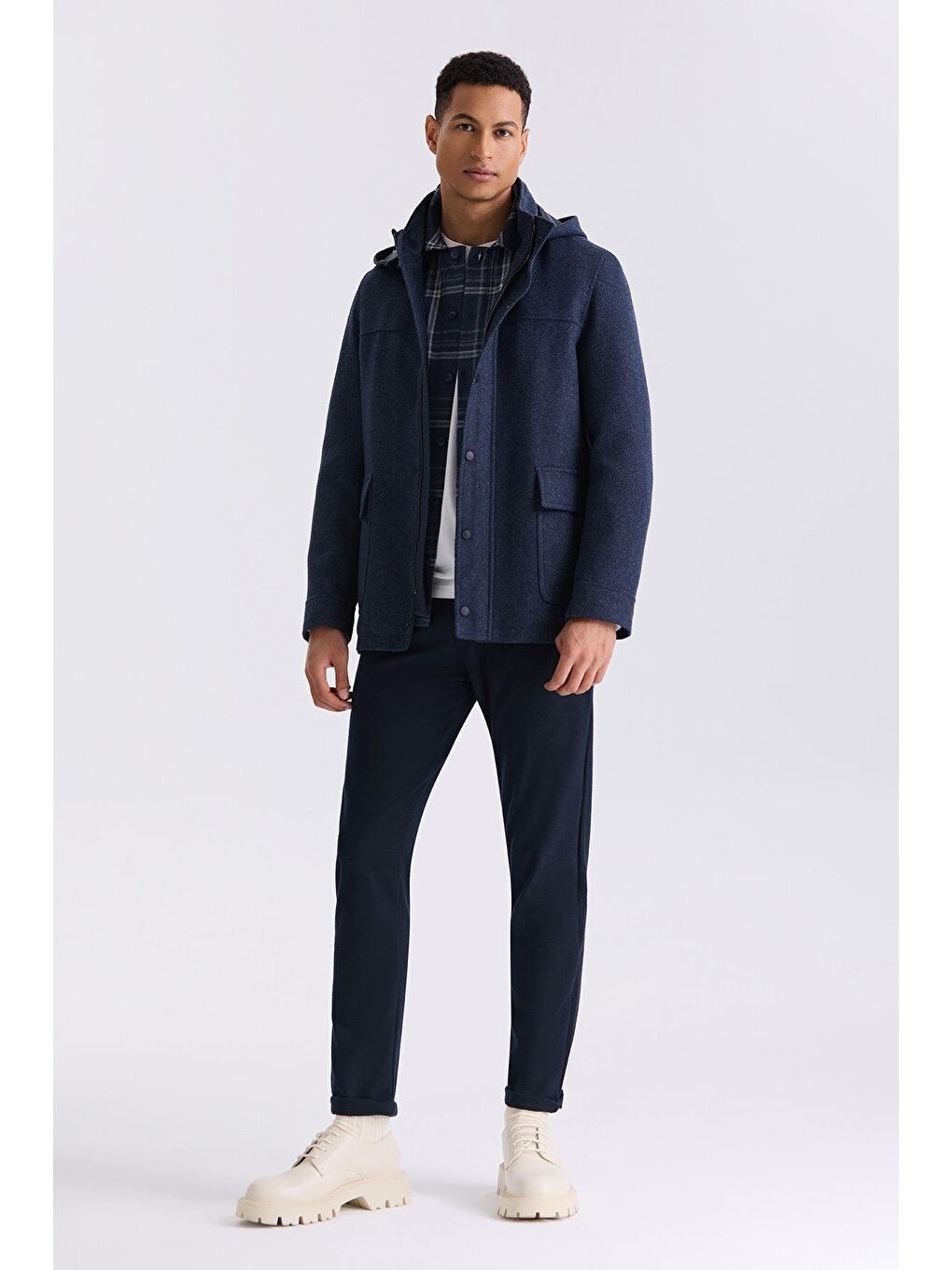 Lacivert Comfort Fit Hakim Yaka Desenli Kapüşonlu Yünlü Spor Kaban-1