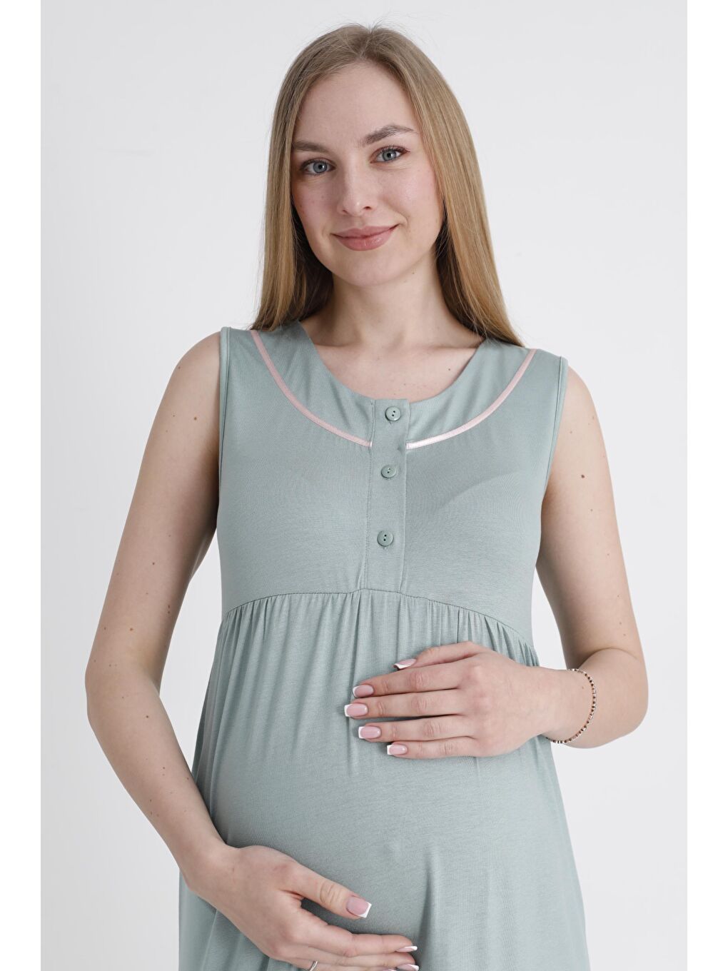 Yeşil Sabahlıklı Emzirmeye Uygun Şerit Detaylı Hamile ve Lohusa Sıfır Kol Gecelik Takımı-5