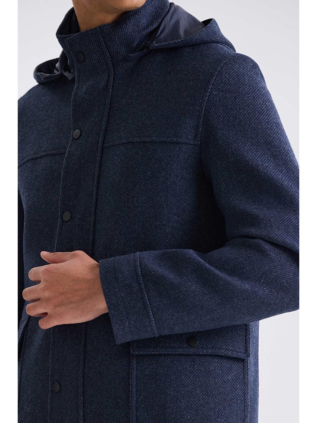 Lacivert Comfort Fit Hakim Yaka Desenli Kapüşonlu Yünlü Spor Kaban-2