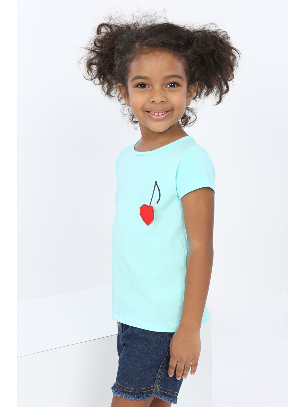 Turkuaz Kız Bebek Göğsü Nota Nakışlı Yazı Baskılı Tişört-2