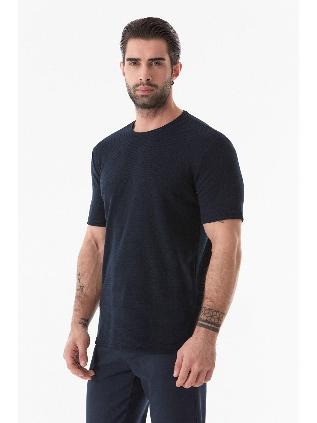 Lacivert Basic Bisiklet Yaka Tişört-1