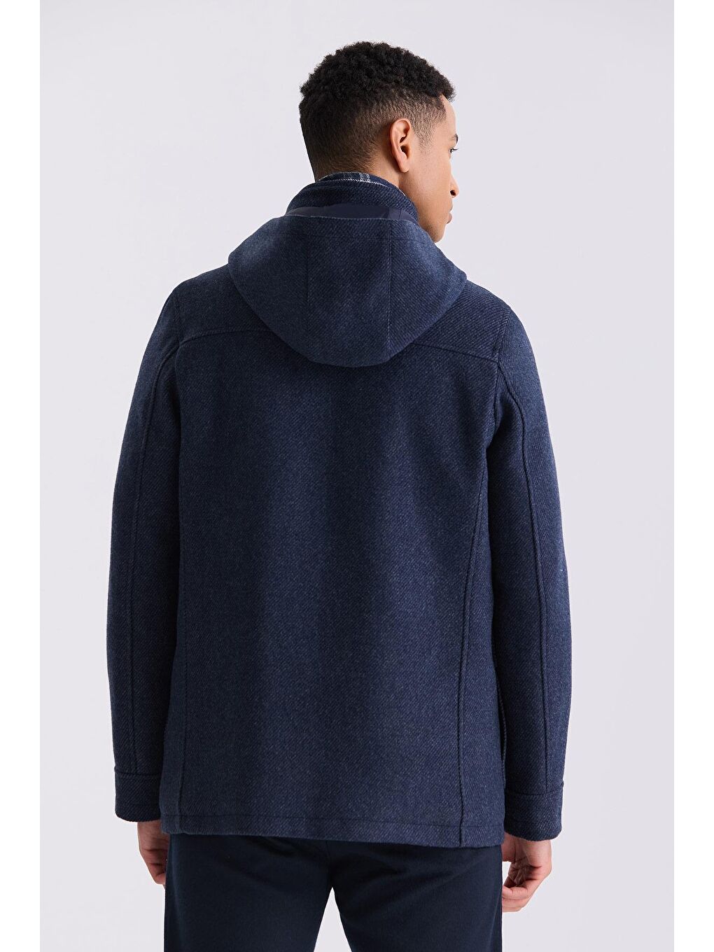 Lacivert Comfort Fit Hakim Yaka Desenli Kapüşonlu Yünlü Spor Kaban-3