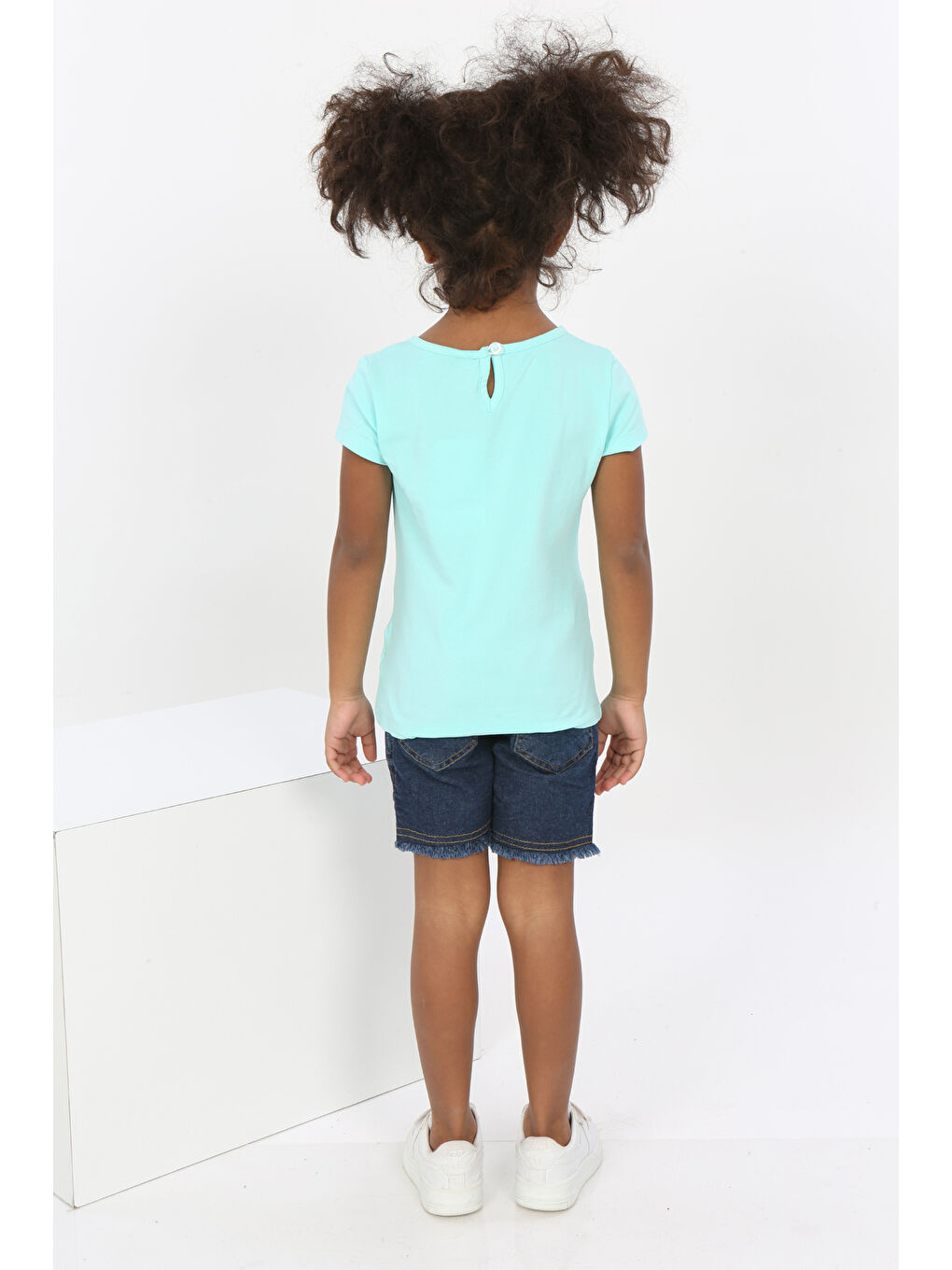 Turkuaz Kız Bebek Göğsü Nota Nakışlı Yazı Baskılı Tişört-3