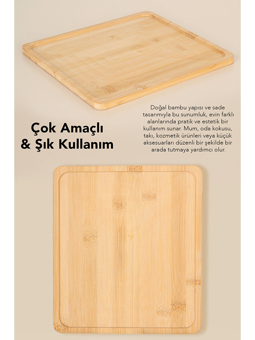 Bej 1 Adet Büyük Boy Bambu Sunumluk-3