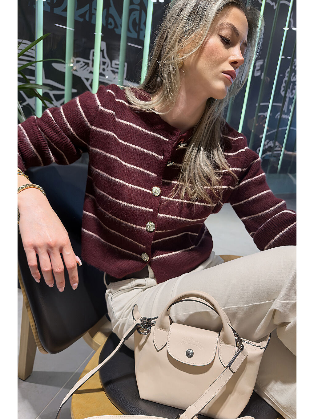 Bordo Standart Fit Çizgili Yumuşak Dokulu Crop Triko Kadın Hırka 4615551