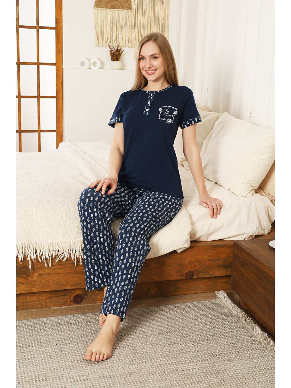 Lacivert Kadın Pijama Takımı-Pamuk Penye Kumaş-3 Düğmeli 12607-1