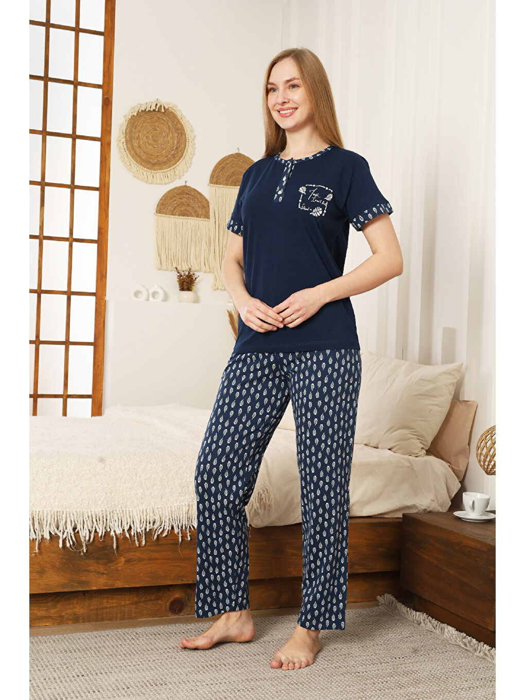 Lacivert Kadın Pijama Takımı-Pamuk Penye Kumaş-3 Düğmeli 12607-2