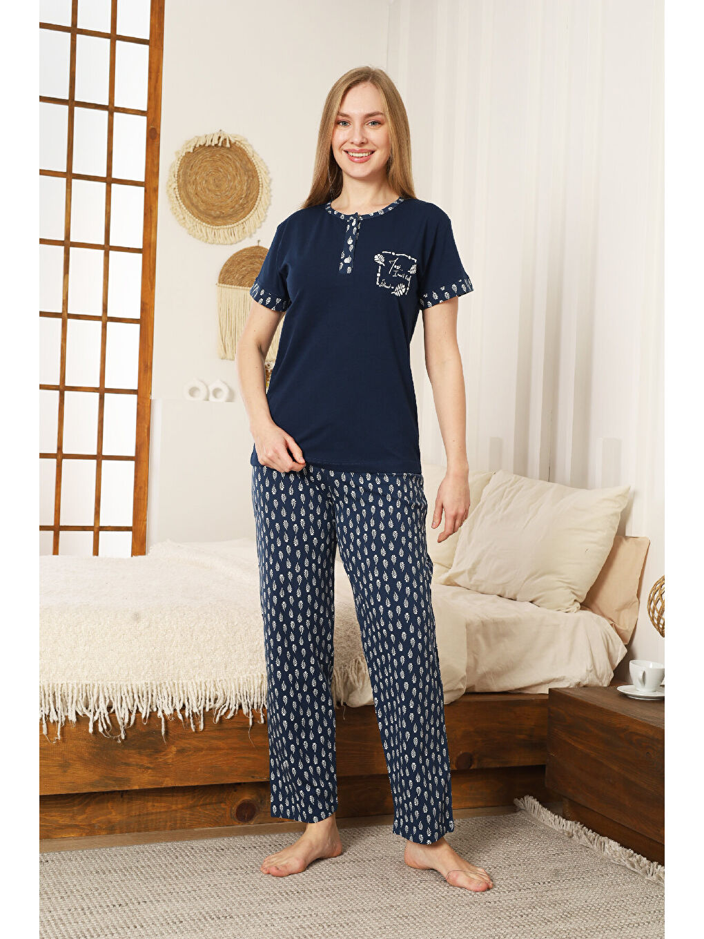 Lacivert Kadın Pijama Takımı-Pamuk Penye Kumaş-3 Düğmeli 12607-3