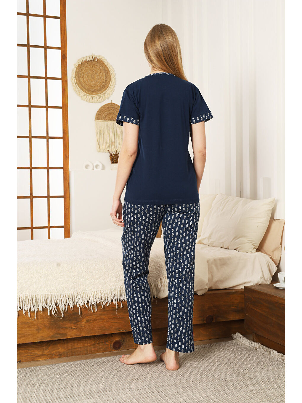 Lacivert Kadın Pijama Takımı-Pamuk Penye Kumaş-3 Düğmeli 12607-4