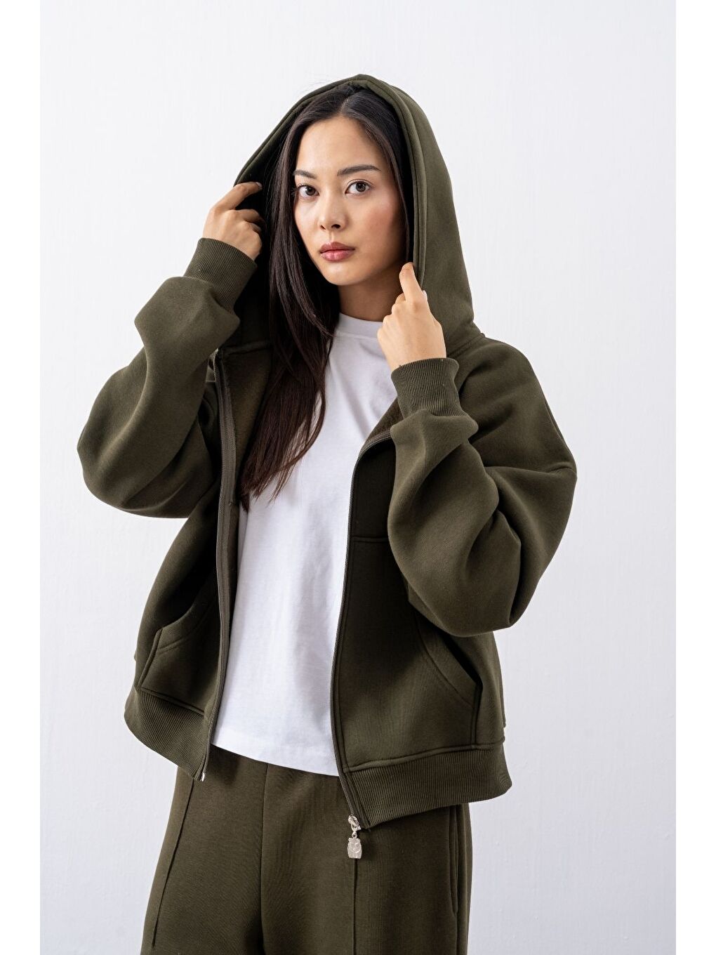 Kadın Chill Oversize Haki Fermuarlı Sweatshirt